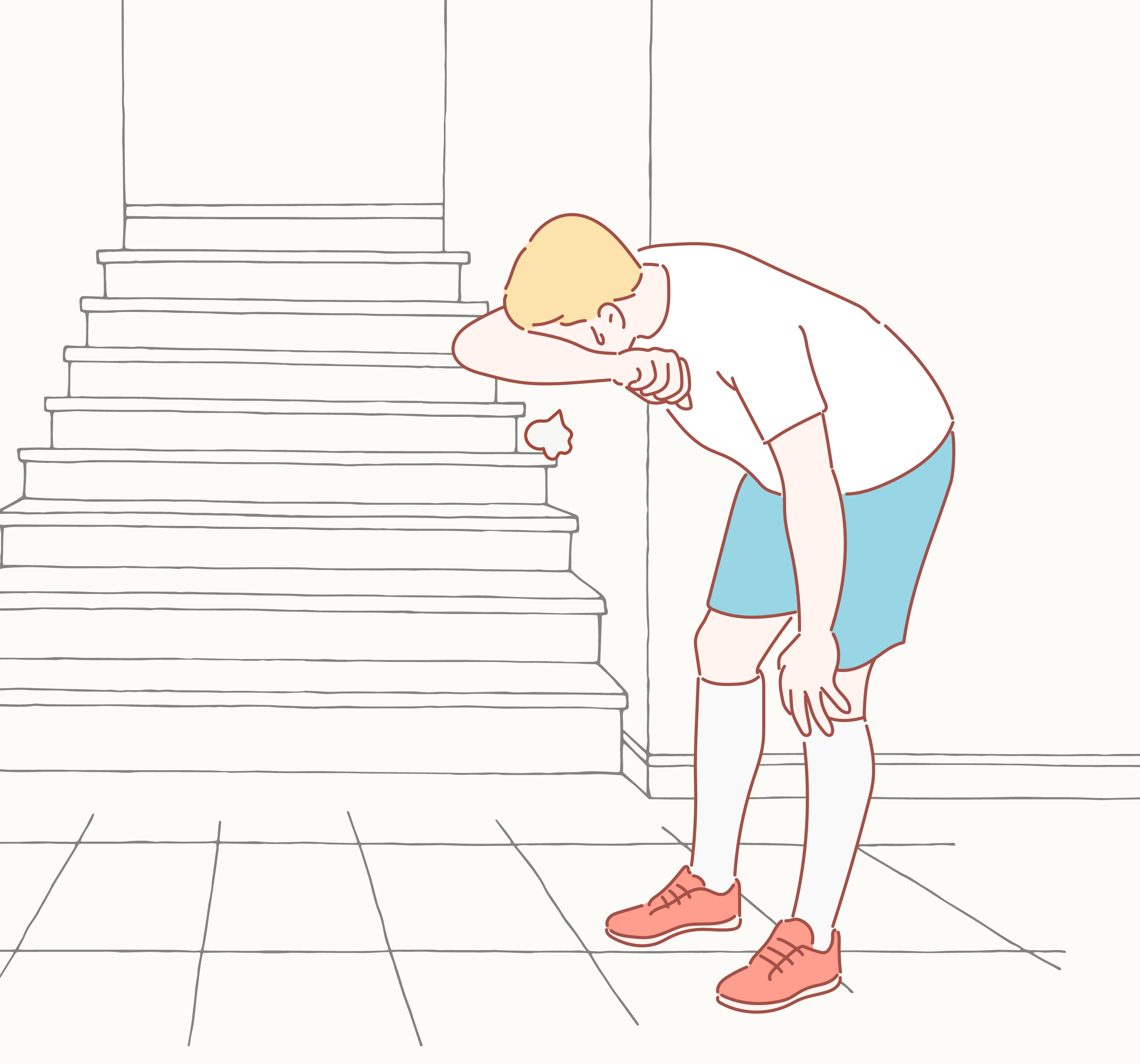 Desenho de homem ofegante ao lado da escada